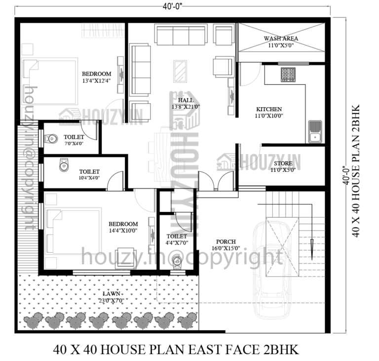 40 x 40 house plans east facing | 2BHK East Face Vastu Home Plan | HOUZY.IN