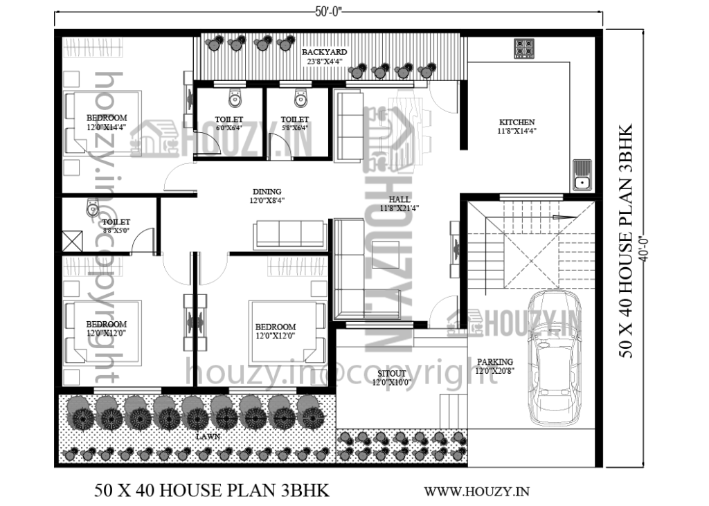 50x40 house plans | 3BHK 50x40 square feet plan | HOUZY.IN