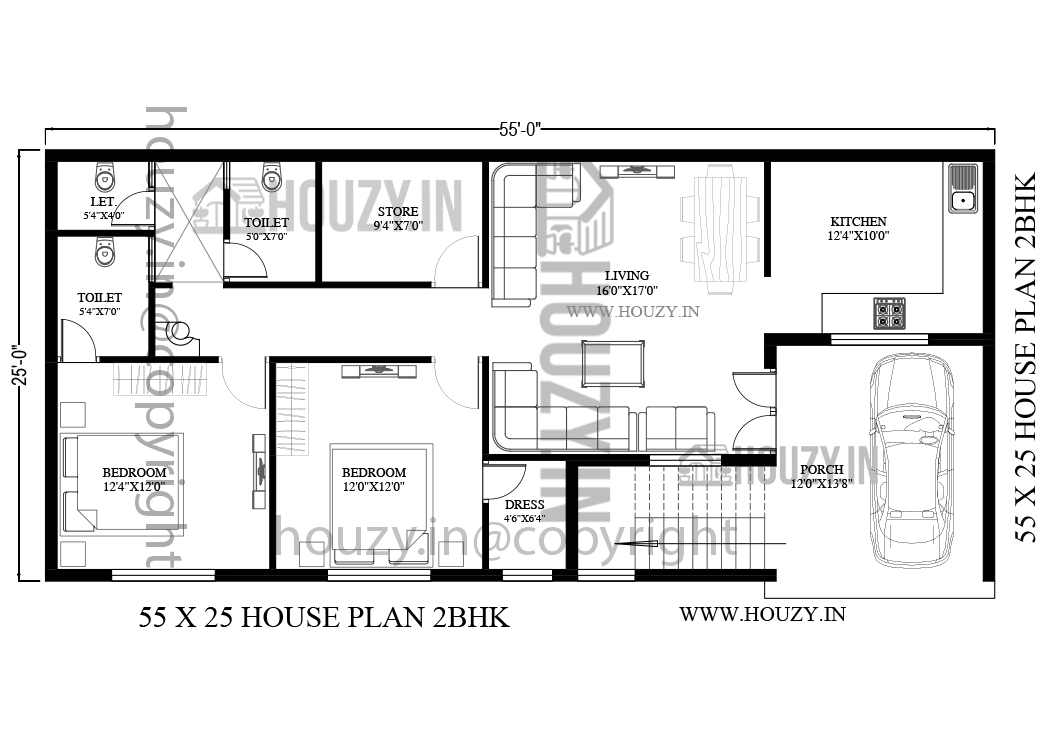 55x25 house plan | 2BHK House Plan with Car Parking | HOUZY.IN