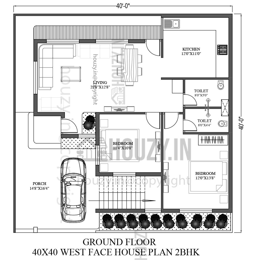 40 x 40 house plans West Facing
