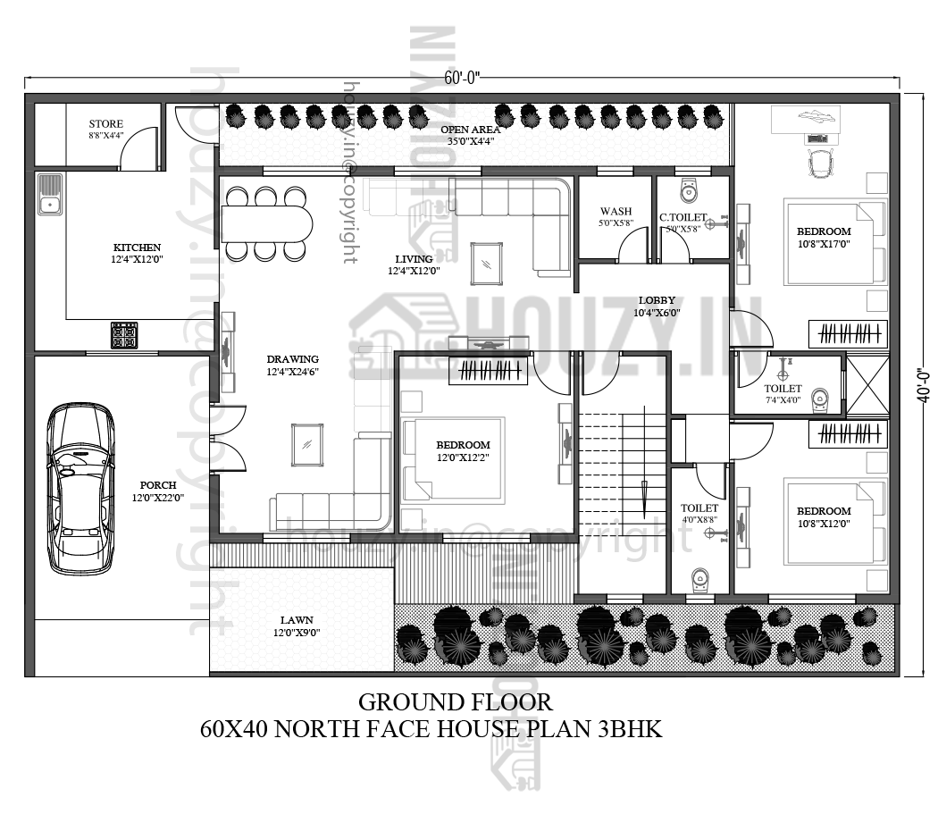 60x40 house plans north facing | Best 60 by 40 Feet 3BHK Plan | HOUZY.IN