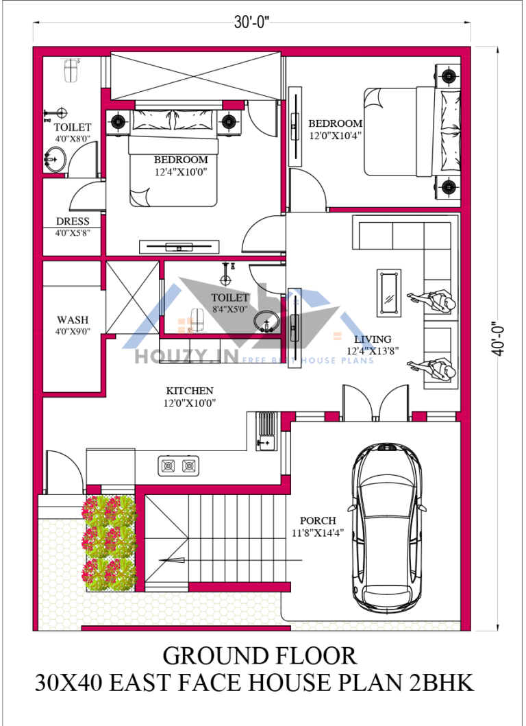 30x40 house plans | 2BHK | 1,200 SQFT House Plan