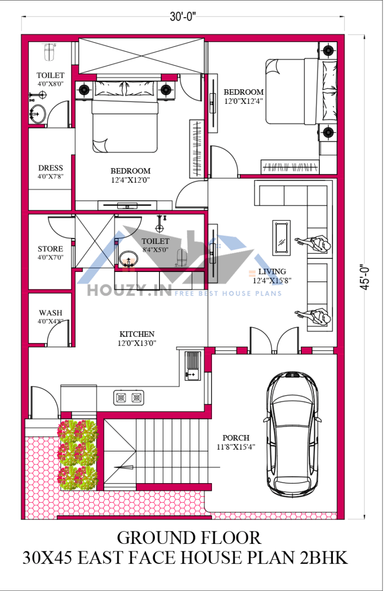 30x45 house plan | 30x45 2BHK house plan 3d | HOUZY.IN