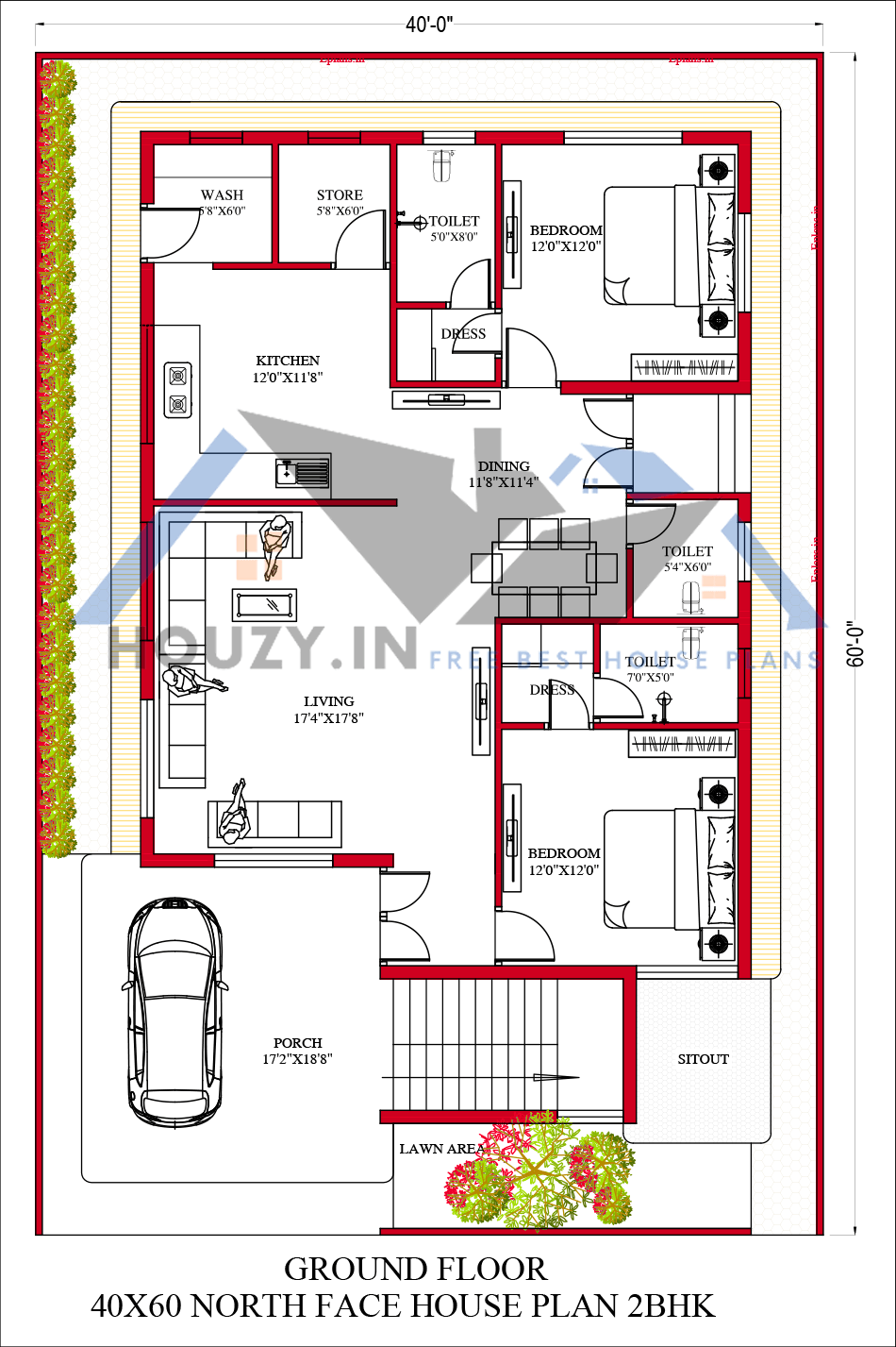 40x60 house plans | 2BHK modern 40x60 house plans | HOUZY.IN