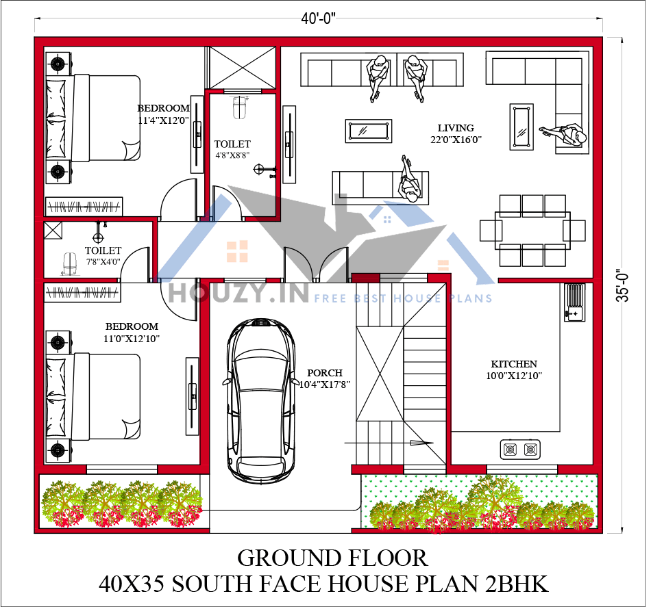 40 by 35 south facing house plan