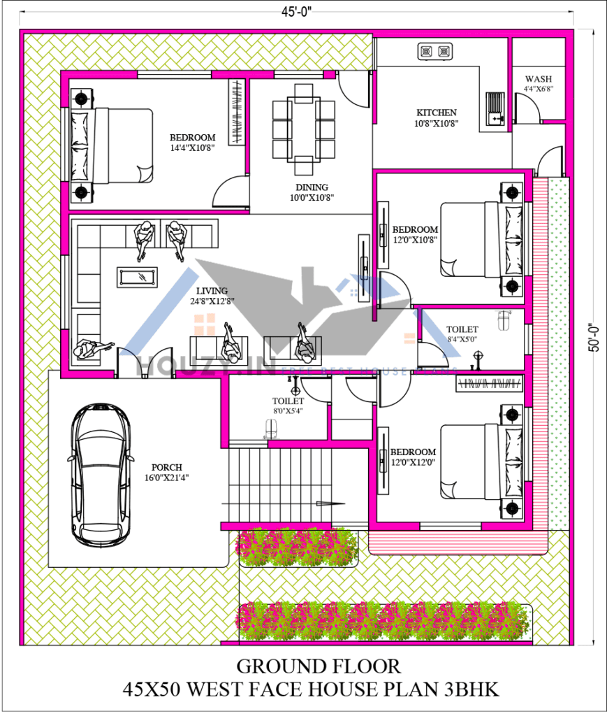 45 x 50 house plans west facing