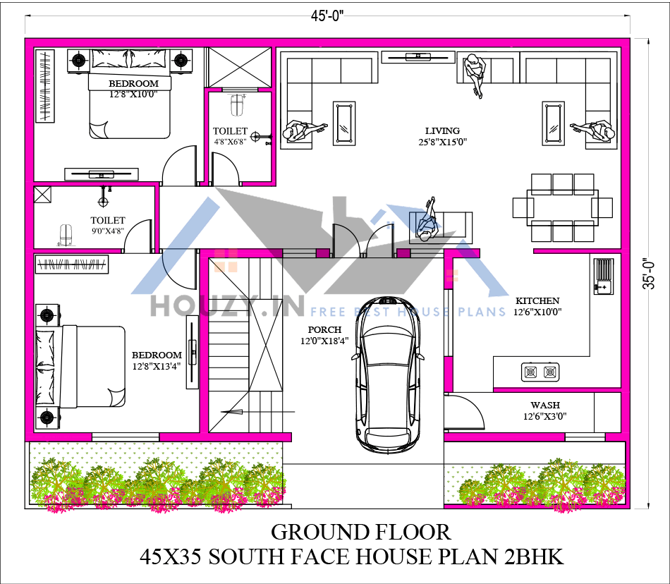 45 by 35 south facing house plan