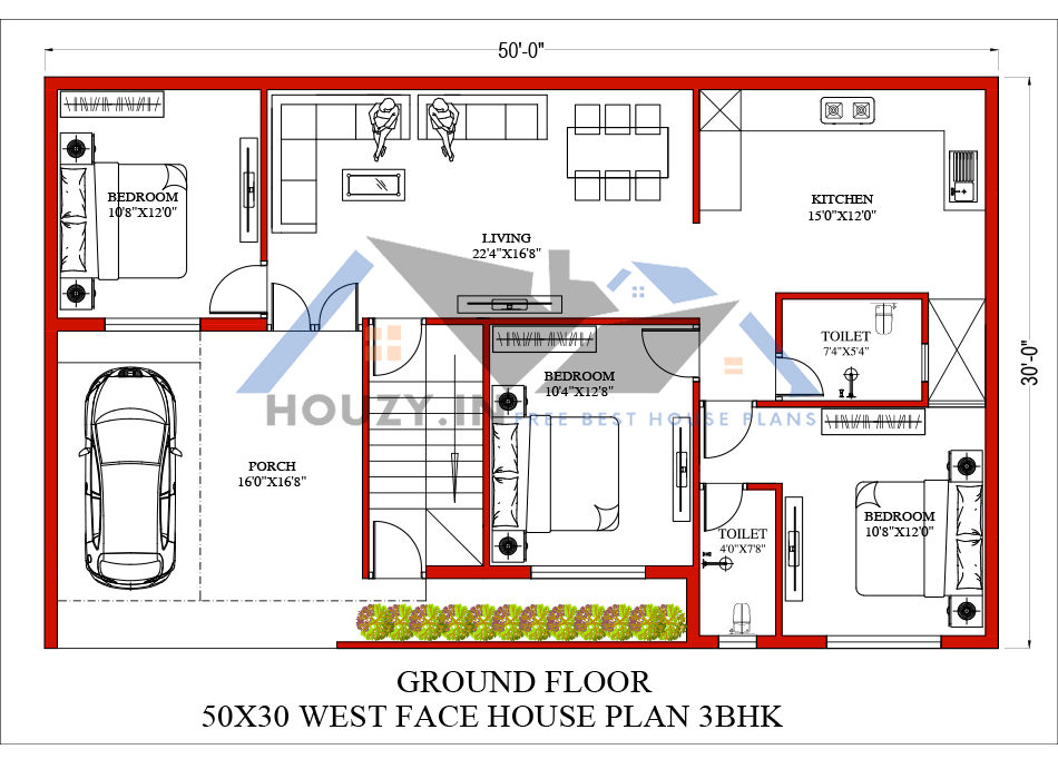 50 x 30 House Plans west Facing