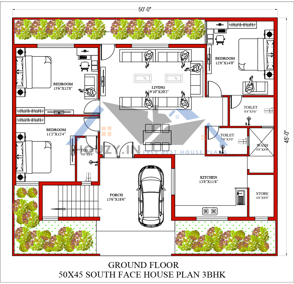 50 x 45 house plans south facing