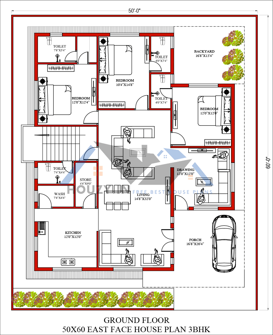 50x60 house plans | 4 bedrooms 50x60 house design | HOUZY.IN
